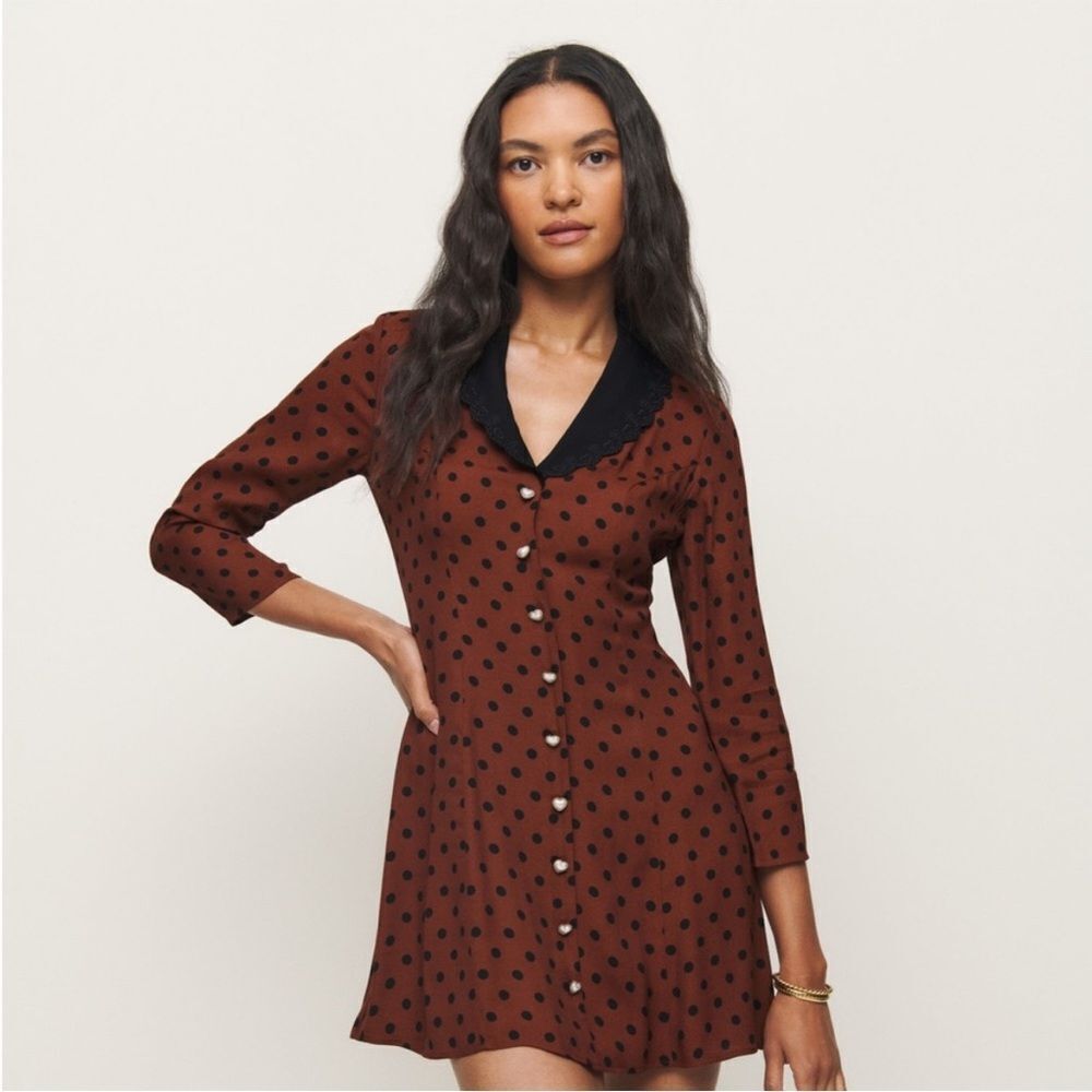 NEW Reformation Galene Mini Dress - Fig Jam Polka Dot Wine Black Causal Spring - Picture 2 of 5